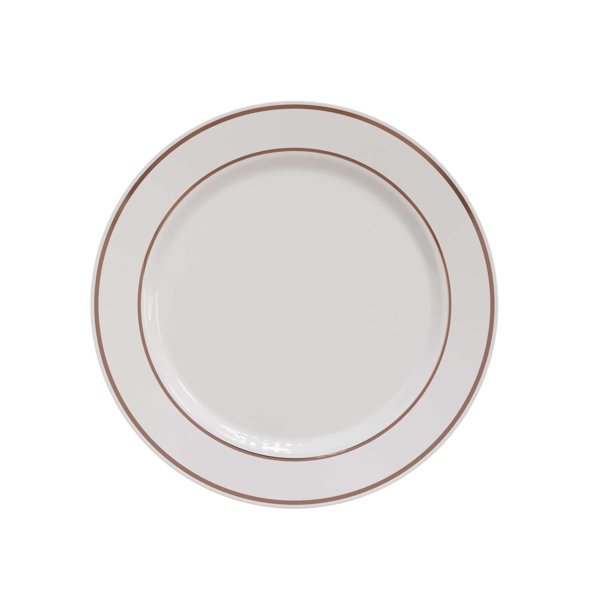 9" White/Rose Gold Line Design Plastic Plates (120 Count) - Yom Tov Settings